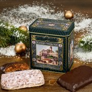 Rote Lebkuchengeschenkdose mit Nürnberger Mini Elisen Lebkuchen und Weihnachtsschmuck