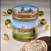 Lebkuchen Dose im Nürnberger Stadt-Design mit Schokoladen und Zucker glasierten Elisen Lebkuchen
