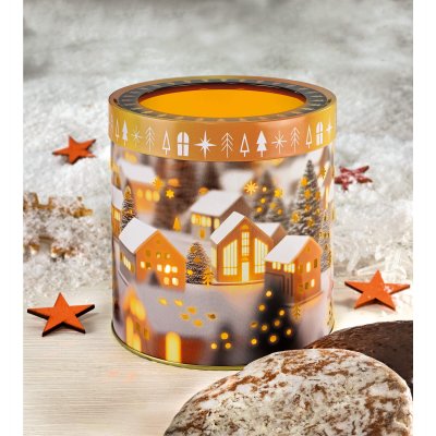 Tealight gingerbread tin with Elisen Lebkuchen in chocolate and sugar glaze, traditional German Christmas gingerbread assortment