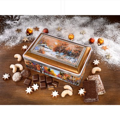Lebkuchen Geschenktruhe im Weihnachtsdesign mit Lebkuchen, Lebkuchenkonfekt und winterlichem Gebäck