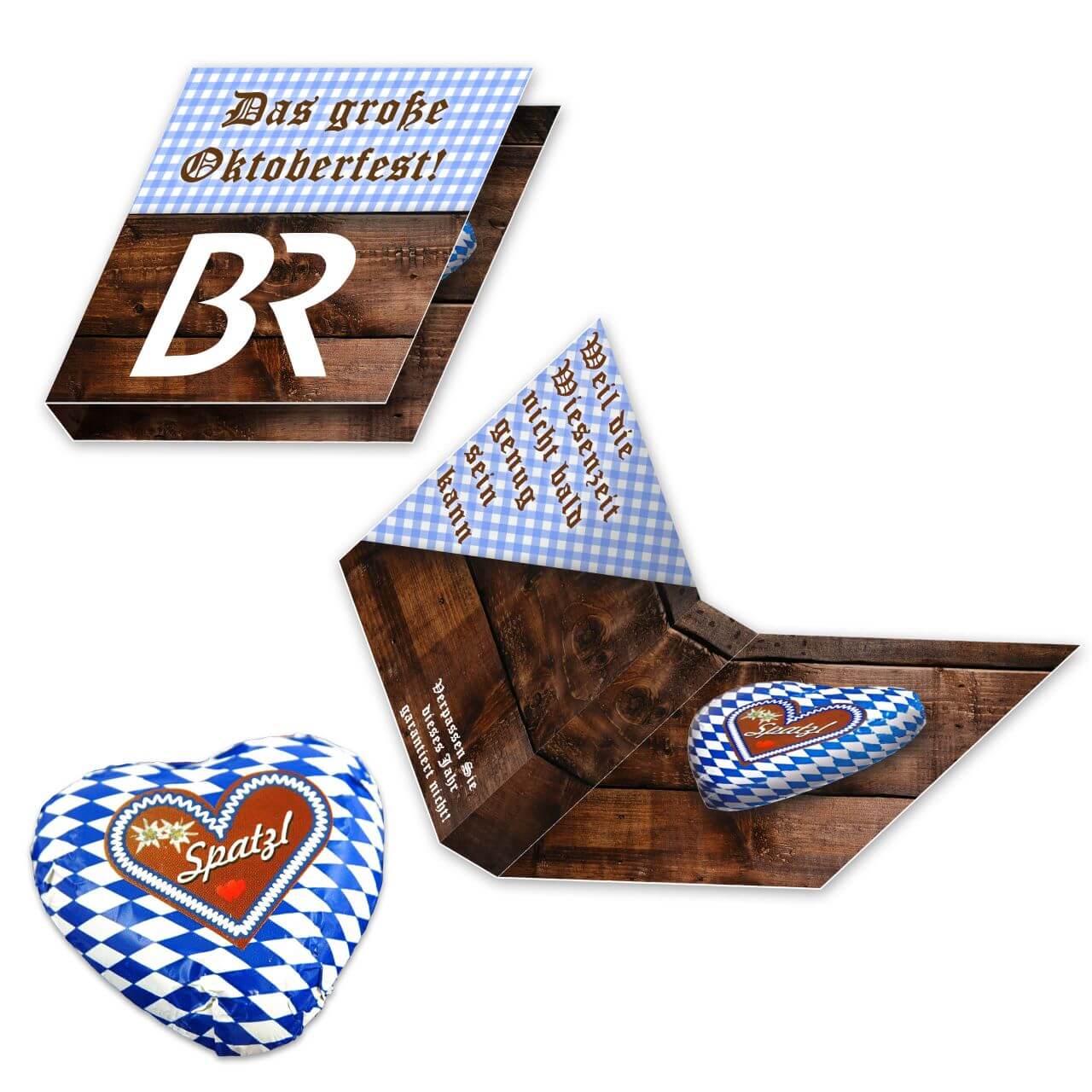 Lebkuchenherz Spatzl aus Schokolade mit Faltkarte bedrucken