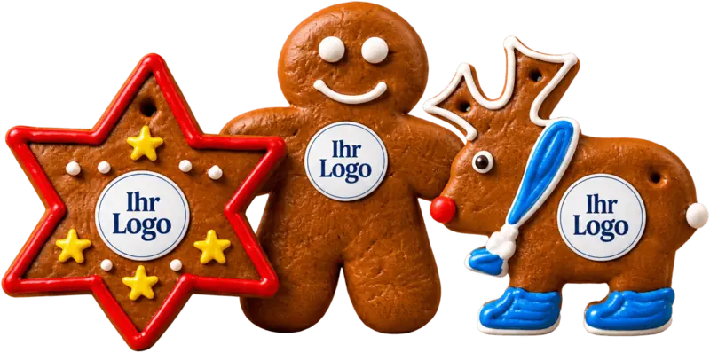 Lebkuchen-Stern, -Mann und -Rentier mit Logo
