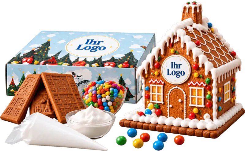 Lebkuchenhaus und Bastelset mit Logo