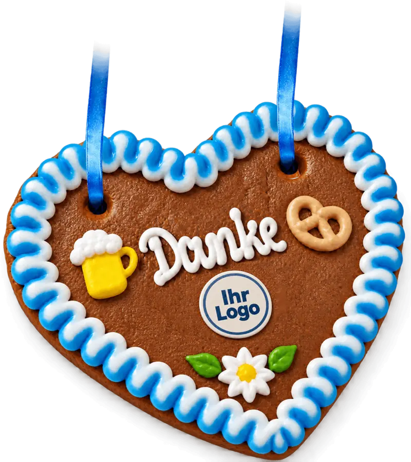 Lebkuchenherz mit Firmenlogo und Schleife