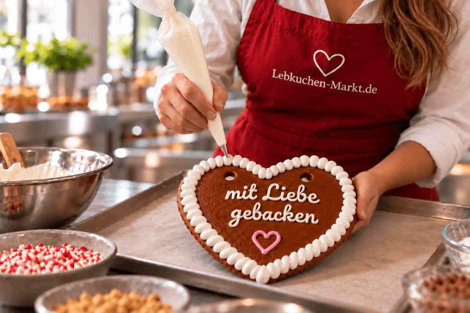 Mitarbeiterin der Backstube spritzt mit Zuckerguss „mit Liebe gebacken“ auf ein Lebkuchenherz